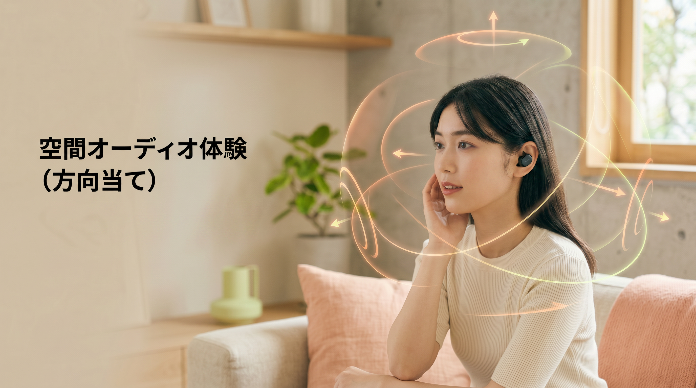 ヘッドホンで空間オーディオを楽しむ女性